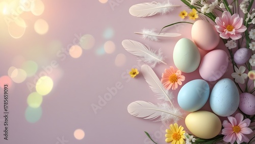 Soft Pastel Easter Background with Eggs and Flowers. perfect for greeting cards, branding, or social media.