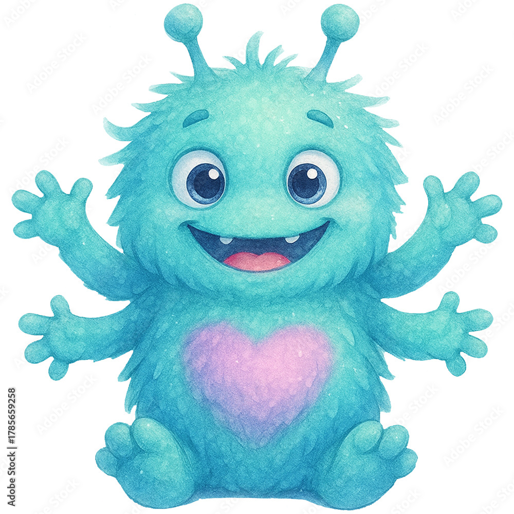 Fototapeta premium Aqua monster - Cute Monster Watercolor Clipart, Funny Aqua Monster png, Aqua Kawaii monster, Transparent Image for Party 