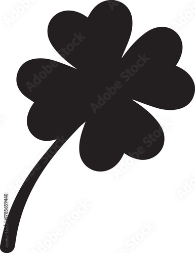 A simple black silhouette of a four leaf clover with a stem on a white background symbolizing luck and good fortune