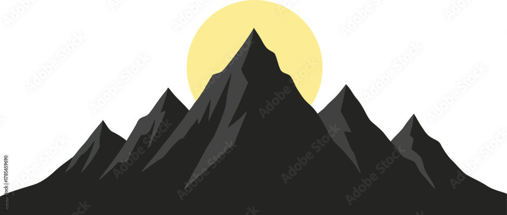 Fototapeta premium Stylized Mountain Range Silhouette With Yellow Sun Behind Peak mountains