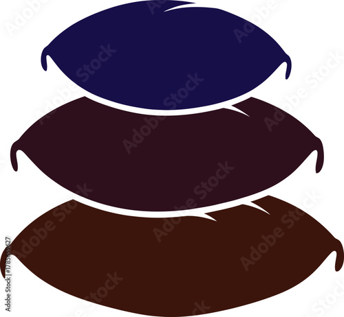 Stacked pillows in blue, purple, and brown on white background sleep rest