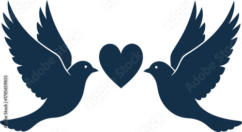 Two Blue Doves Flying Towards A Heart Symbol On White Background birds love