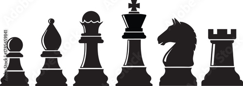Silhouette of a complete set of chess pieces arranged in a line on a white background showcasing their distinct shapes and forms