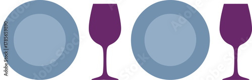 Two Plates and Two Purple Wine Glasses on White Background vector illustration
