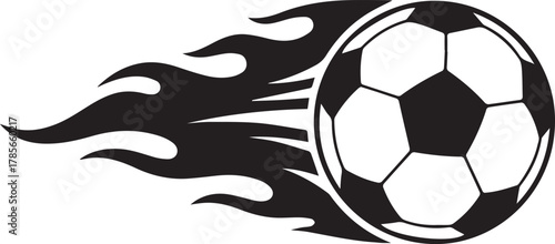 Dynamic black and white illustration of a soccer ball with stylized flames trailing behind it conveying speed and intensity on a white background