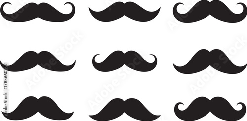 Collection of nine distinct black mustache illustrations in a three by three grid on a white background showcasing diverse styles and shapes for graphic design elements