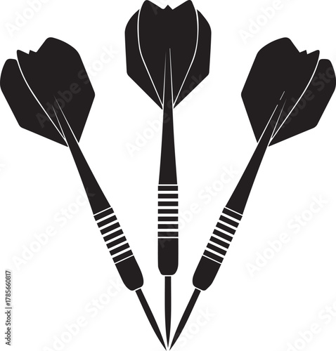 Three black silhouette darts arranged in a fan shape on a white background symbolizing competition and precision in sports and games