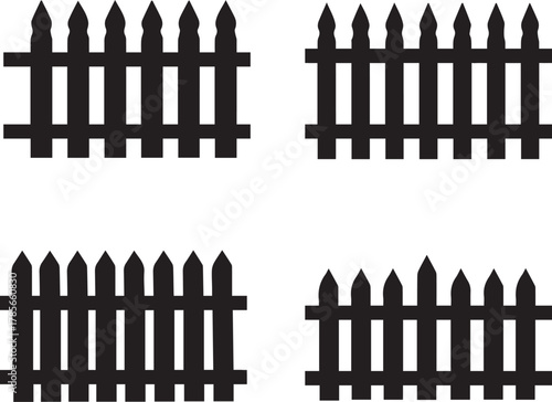 Four distinct silhouettes of traditional wooden picket fences with pointed tops and a textured rustic appearance against a clean white background