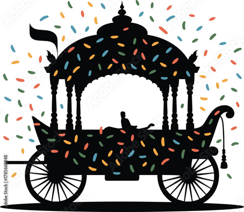 Black silhouette chariot with colorful confetti and seated figure