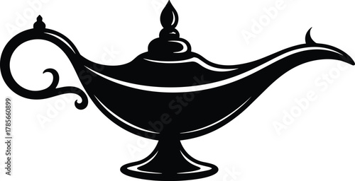 Black silhouette of an ornate magic lamp genie lamp