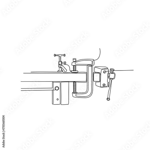 Workbench with clamps and vise in one-line minimal drawing