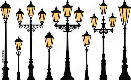 Collection of black vintage street lamps with yellow light
