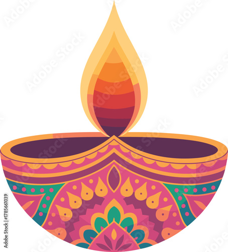 Colorful decorative diya oil lamp with flame light