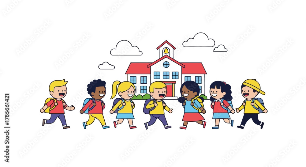 Fototapeta premium Diverse Group of Children Walking to School Illustration in Bright Colors