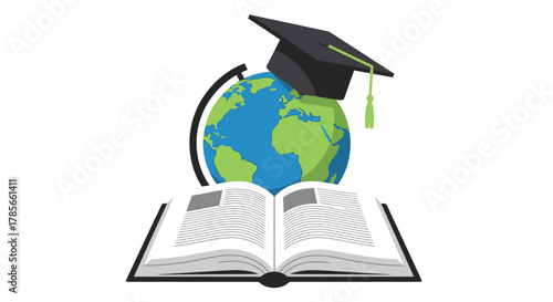 Illustration symbolizing global education, international studies, and academic achievement with a graduation cap on a world globe and an open book