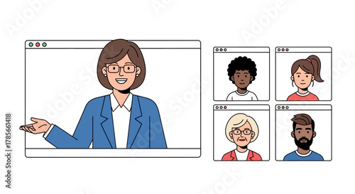 Online Conference Illustration Professional Woman Leading a Video Call with Diverse Participants