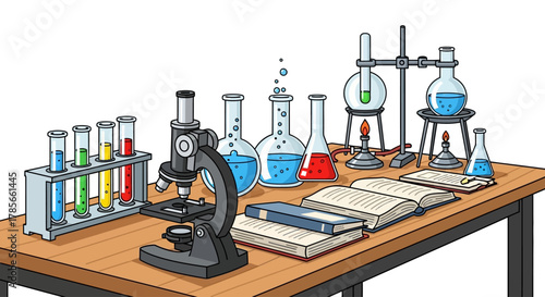 Vector illustration of a science laboratory workspace for chemistry experiments, featuring a microscope, colorful chemical flasks, and educational books on a table