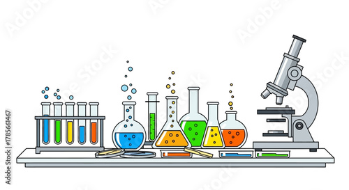 Laboratory Equipment Chemical Beakers, Test Tubes, and Microscope