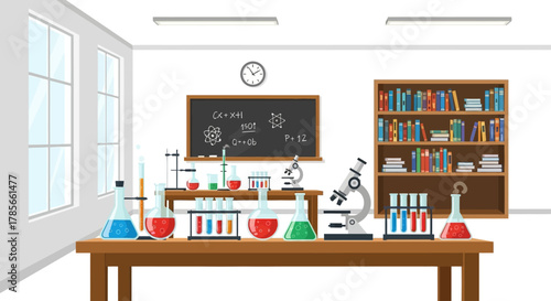 Science laboratory classroom interior with chemistry equipment on a desk. Educational concept with microscope, beakers, and blackboard. Flat vector illustration