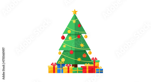 Flat vector illustration of a green Christmas tree adorned with colorful baubles and a golden star, with wrapped presents below, symbolizing the winter holiday