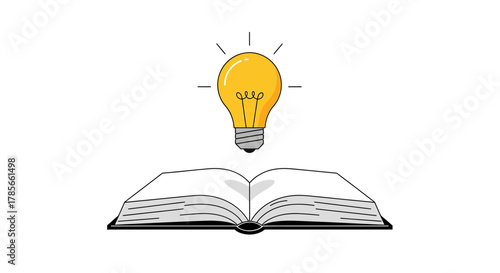 Illustration of an open book with a lightbulb floating above representing knowledge and idea generation