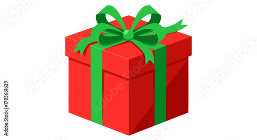 Festive Red Gift Box with Green Ribbon and Bow Isolated on White Background, Perfect for Holiday Celebration and Special Occasion