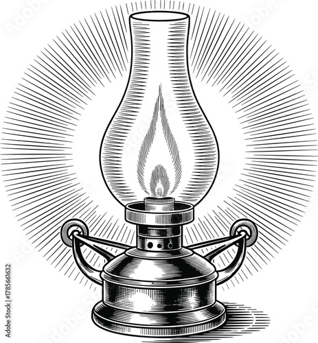 Vintage oil lamp with radiating light lines kerosene lamp