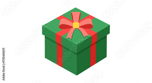 A vibrant green gift box with a bright red ribbon and bow, presented in a clean isometric illustration style, perfect for holiday and celebration designs