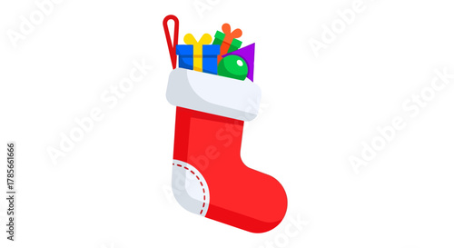 Vector illustration of a traditional red Christmas sock stuffed with gifts and presents for a festive holiday celebration