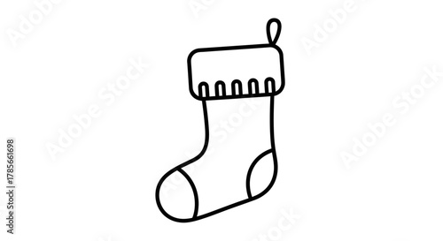 A simple black and white line art icon of a Christmas stocking, a classic holiday symbol for decoration and gifts