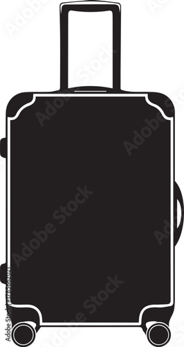 A modern black wheeled suitcase with a retractable handle and reinforced corners stands isolated on a clean white background representing travel and luggage