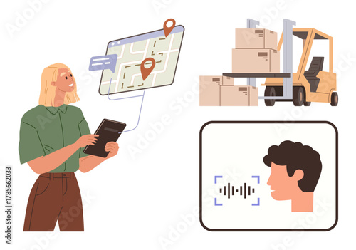 Woman using a tablet with map, forklift lifting boxes, and voice recognition interface. Ideal for logistics, delivery, inventory, technology, workforce innovation and automation themes. Simple flat