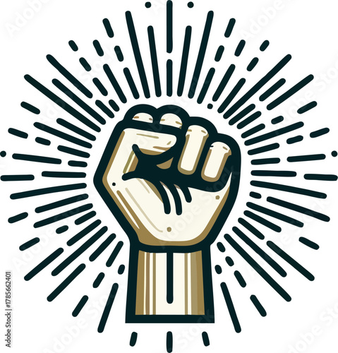 Retro Engraved Raised Fist with Burst Rays – Vintage Vector Symbol of Protest, Strength, and Revolution