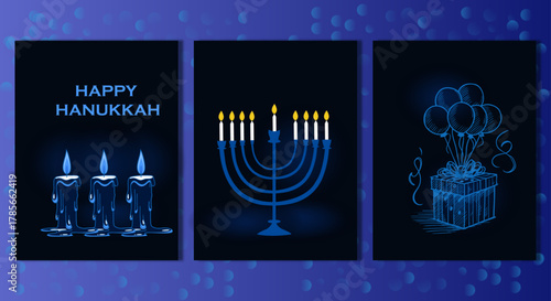Hanukkah Celebration Set with Menorah, Candles, and Festive Elements on Blue Background
