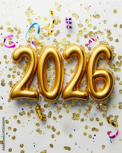 Golden Year Ahead: Radiant golden balloon numbers form the year 2026, scattered with festive confetti and ribbons, signifying a celebration of new beginnings and hopes.