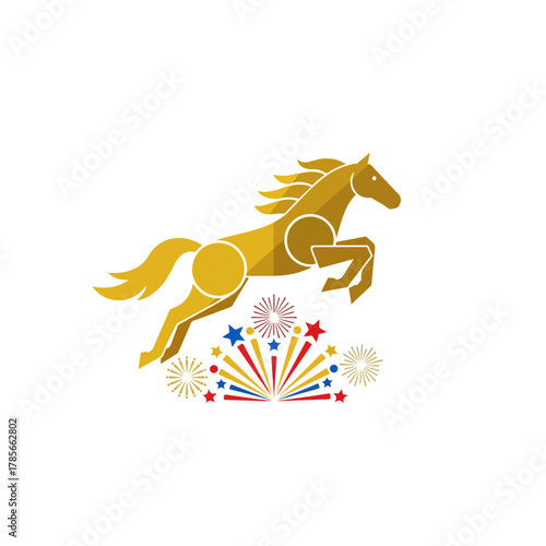 Golden Horse Jumping over Fireworks. Year of the Horse Zodiac Symbol.