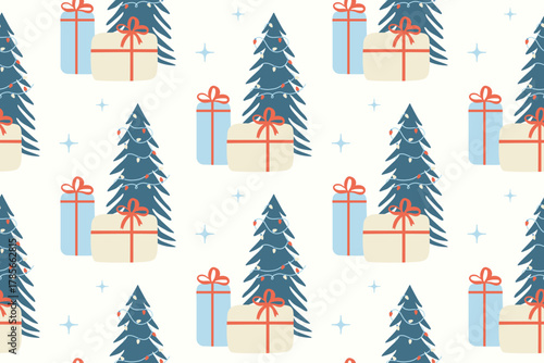 Seamless vector pattern with a Christmas tree with lights, gifts, and snowflakes. Cute holiday background. New Year celebration. Pattern for fabric, clothing, and wrapping paper.
