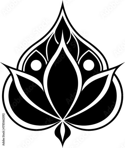 A symmetrical, stylized floral design is centered against a stark white background. The design is rendered in solid black, presenting a high-contrast graphic with no shading or texture. The main subje
