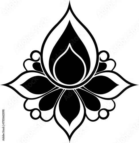 A symmetrical, stylized floral design is centered against a stark white background. The design is rendered in solid black, presenting a high-contrast graphic with no shading or texture. The main subje