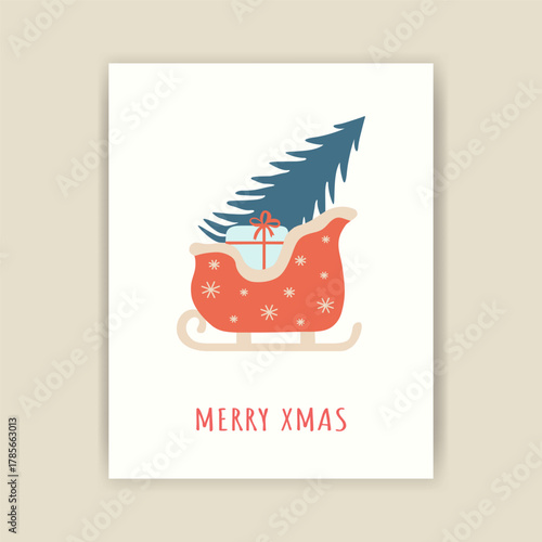 Christmas card with a Christmas tree in a winter sleigh and gifts. Minimalistic vector design. Ready-made template for a festive poster, print, or invitation.
