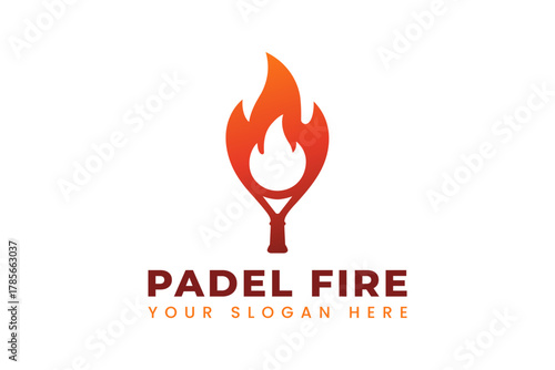 Modern flat vector logo of a padel tennis racket forming a flame shape. Dynamic and energetic design symbolizing passion, power, and motion, ideal for sports branding and clubs.