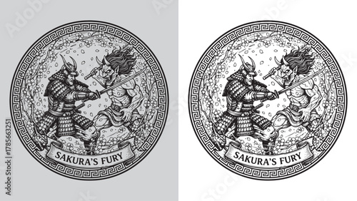 Sakura's Fury - Samurai Dueling Oni Demon Black and White Line Art