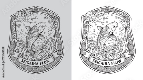 Seigaiha Flow - Koi Fish Jumping over Waves with Sakura Border Shield Emblem