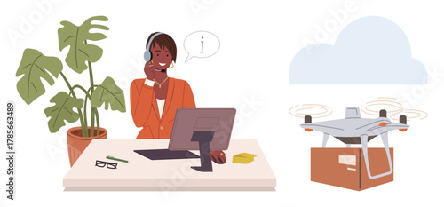 Professional agent with headset at desk using computer, quadcopter in action nearby. Ideal for customer support, technology, automation, e-commerce, logistics, innovation efficiency. Simple flat