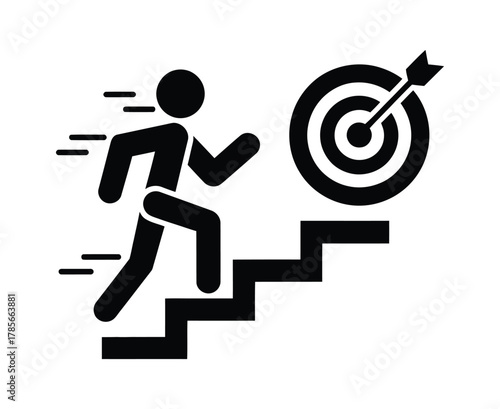 Running Up Stairs to Target Goal Icon - Ambition, Success, and Business Achievement Vector