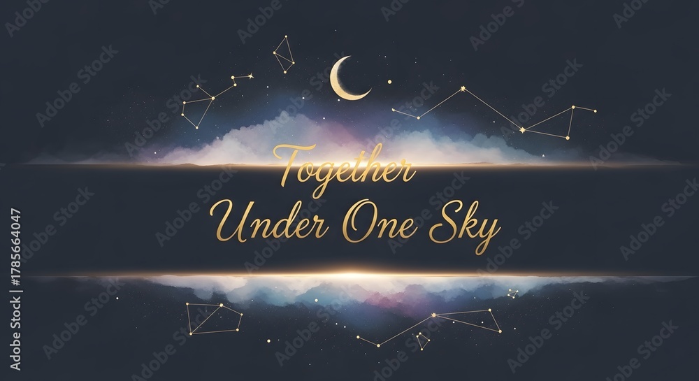 Fototapeta premium A serene night sky scene featuring a crescent moon, stars, and constellation patterns with the phrase 'Together Under One Sky' in elegant script