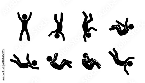 Set of Falling Stickman Silhouettes – Black Vector Icons of People Falling or Tumbling in Various Positions Representing Accident, Danger, and Motion Concept.