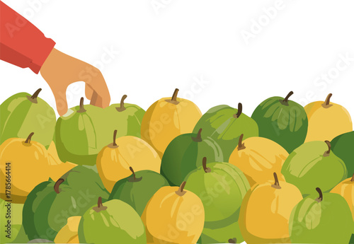 Youth focused concept of hand choosing fruit, supporting lessons on healthy diets, balance, and respect for natural produce
