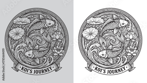 Koi's Journey - Pair of Koi Fish with Lotus Flowers and Water Lilies Circular Art