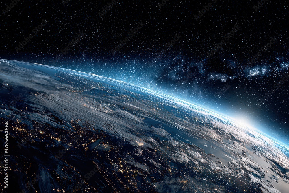 Fototapeta premium Detailed View of Earth From Space with Glowing City Lights and Starry Background